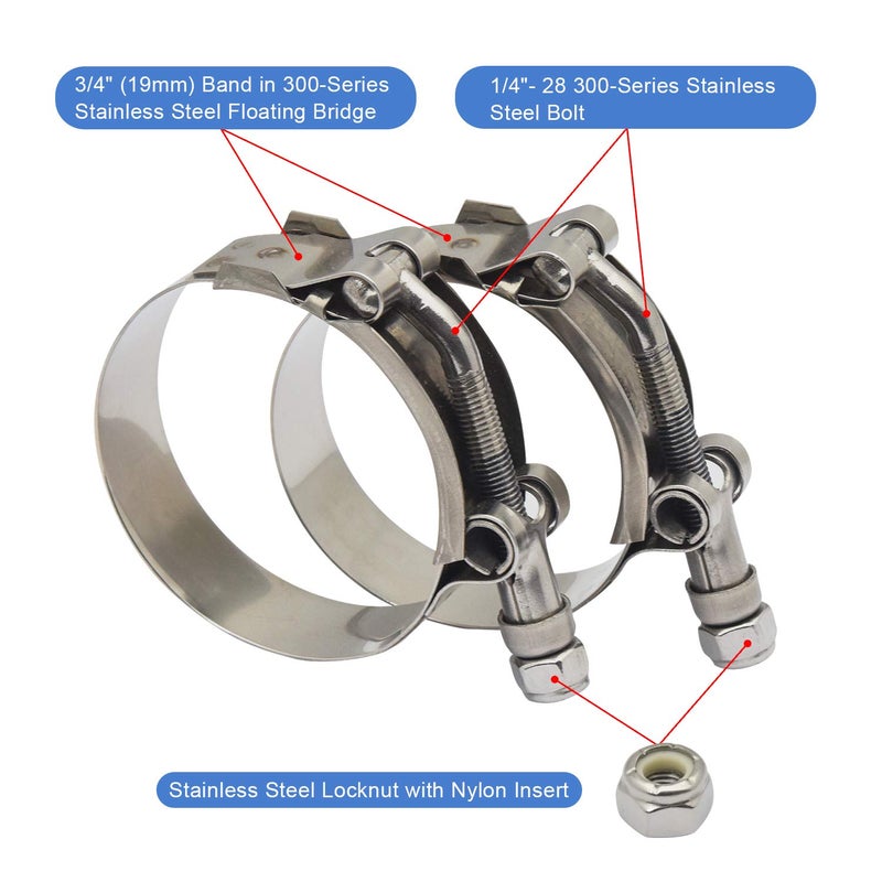 ROADFORMER 2" T-Bolt Hose O.D. Clamp - Working Range 1.81" - 2.05" Clamp for 2 inch Hose O.D., 46mm - 52mm, 2 pack, Suggest measure your hose O.D. before purchasing, Stainless Steel Bolt, Band and Locknut - Image 2